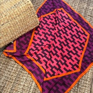 Jonathan Adler 100% Silk Pink/Purple/Vibrant Orange Trim Geometric Scarf